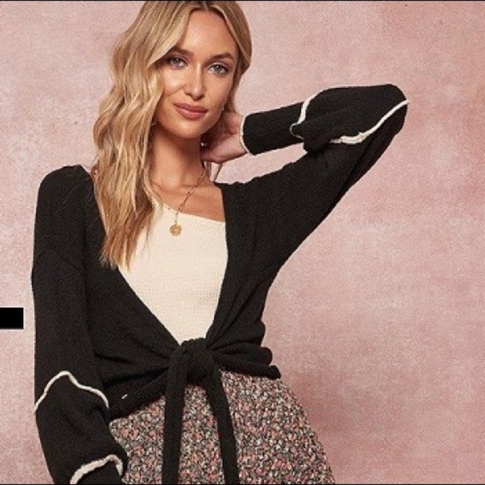 BLACK TIE FRONT TEXTURED CARDIGAN